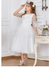 Ivory Pearl Beaded Embroidered Lace Tulle Flower Girl Dress